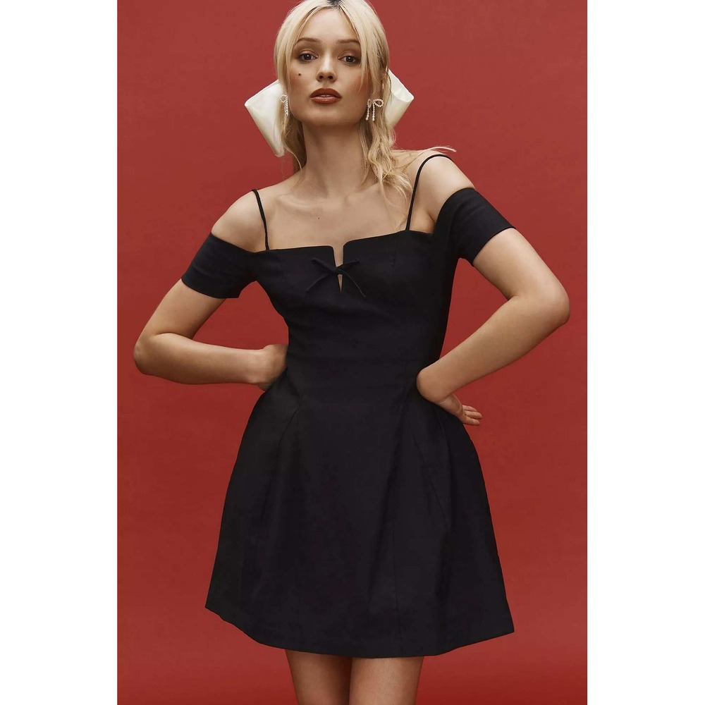 Maeve Anthropologie NWT Bow Off the Shoulder Linen Blend Mini Dress Black Medium